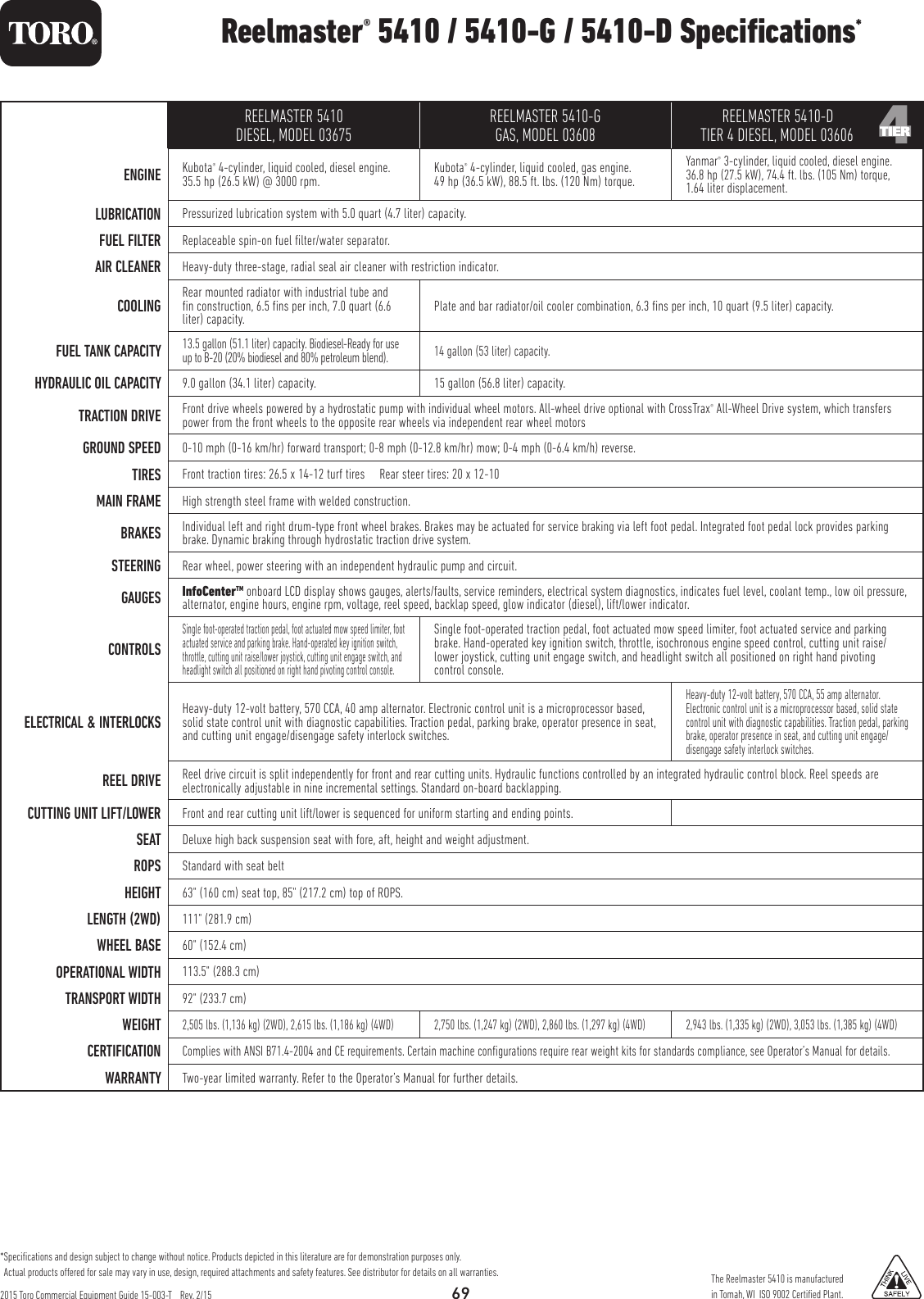 Page 2 of 3 - Toro Toro-Reelmaster-5410-D-03672-Specifications-  Toro-reelmaster-5410-d-03672-specifications