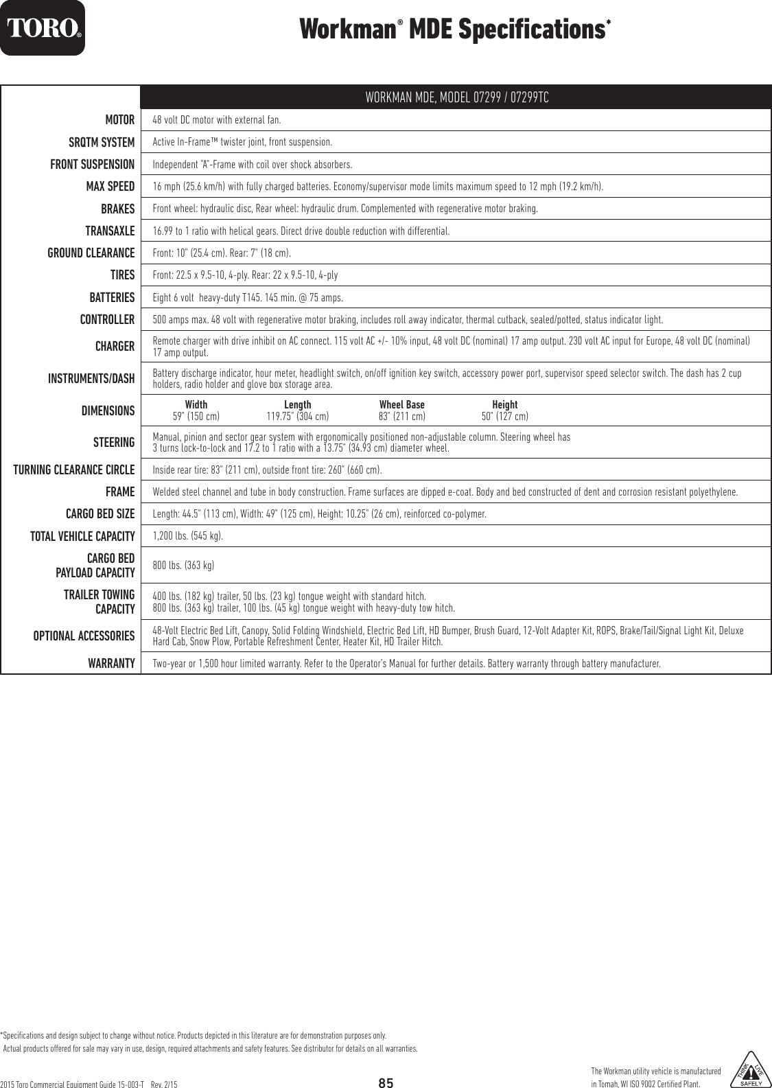 Toro Workman Md 07279 Specifications