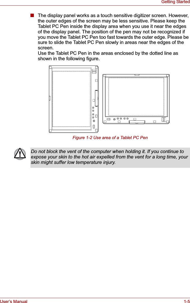 User’s Manual 1-5Getting Started■The display panel works as a touch sensitive digitizer screen. However, the outer edges of the screen may be less sensitive. Please keep the Tablet PC Pen inside the display area when you use it near the edges of the display panel. The position of the pen may not be recognized if you move the Tablet PC Pen too fast towards the outer edge. Please be sure to slide the Tablet PC Pen slowly in areas near the edges of the screen.Use the Tablet PC Pen in the areas enclosed by the dotted line as shown in the following figure.Figure 1-2 Use area of a Tablet PC PenDo not block the vent of the computer when holding it. If you continue to expose your skin to the hot air expelled from the vent for a long time, your skin might suffer low temperature injury.