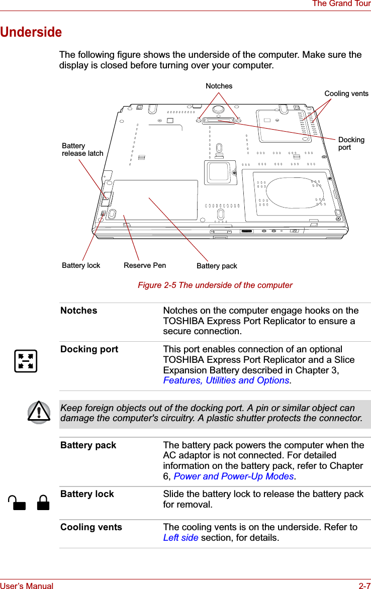 User’s Manual 2-7The Grand TourUndersideThe following figure shows the underside of the computer. Make sure the display is closed before turning over your computer.Figure 2-5 The underside of the computerNotchesBattery lockDocking portReserve Pen Battery packBattery release latchCooling ventsNotches Notches on the computer engage hooks on the TOSHIBA Express Port Replicator to ensure a secure connection.Docking port This port enables connection of an optional TOSHIBA Express Port Replicator and a Slice Expansion Battery described in Chapter 3, Features, Utilities and Options.Keep foreign objects out of the docking port. A pin or similar object can damage the computer&apos;s circuitry. A plastic shutter protects the connector.Battery pack The battery pack powers the computer when the AC adaptor is not connected. For detailed information on the battery pack, refer to Chapter 6, Power and Power-Up Modes.Battery lock  Slide the battery lock to release the battery pack for removal.Cooling vents The cooling vents is on the underside. Refer to Left side section, for details.