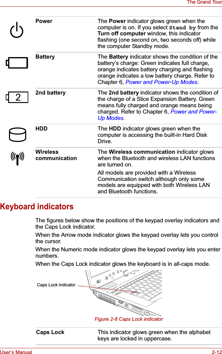 User’s Manual 2-12The Grand TourKeyboard indicatorsThe figures below show the positions of the keypad overlay indicators and the Caps Lock indicator.When the Arrow mode indicator glows the keypad overlay lets you control the cursor.When the Numeric mode indicator glows the keypad overlay lets you enter numbers.When the Caps Lock indicator glows the keyboard is in all-caps mode.Figure 2-8 Caps Lock indicatorPower The Power indicator glows green when the computer is on. If you select Stand by from the Turn off computer window, this indicator flashing (one second on, two seconds off) while the computer Standby mode.Battery The Battery indicator shows the condition of the battery’s charge: Green indicates full charge, orange indicates battery charging and flashing orange indicates a low battery charge. Refer toChapter 6, Power and Power-Up Modes.2nd battery The 2nd battery indicator shows the condition of the charge of a Slice Expansion Battery. Green means fully charged and orange means being charged. Refer to Chapter 6, Power and Power-Up Modes.HDD The HDD indicator glows green when the computer is accessing the built-in Hard Disk Drive.Wireless communicationThe Wireless communication indicator glows when the Bluetooth and wireless LAN functions are turned on.All models are provided with a Wireless Communication switch although only some models are equipped with both Wireless LAN and Bluetooth functions.Caps Lock indicatorCaps Lock This indicator glows green when the alphabet keys are locked in uppercase.