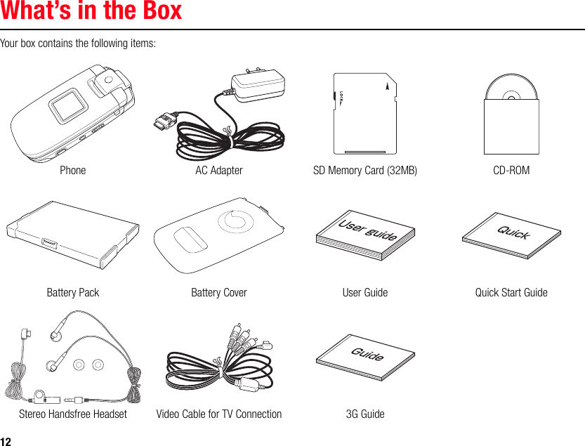12 What’s in the BoxYour box contains the following items:Phone AC Adapter SD Memory Card (32MB) CD-ROMBattery Pack Battery Cover User Guide Quick Start GuideStereo Handsfree Headset Video Cable for TV Connection 3G Guide