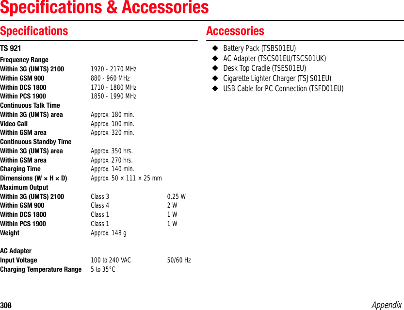 308 AppendixSpecifications &amp; AccessoriesSpecificationsTS 921Accessories◆Battery Pack (TSBS01EU)◆AC Adapter (TSCS01EU/TSCS01UK)◆Desk Top Cradle (TSES01EU)◆Cigarette Lighter Charger (TSJS01EU)◆USB Cable for PC Connection (TSFD01EU)Frequency RangeWithin 3G (UMTS) 2100 1920 - 2170 MHzWithin GSM 900 880 - 960 MHzWithin DCS 1800 1710 - 1880 MHzWithin PCS 1900 1850 - 1990 MHzContinuous Talk TimeWithin 3G (UMTS) area Approx. 180 min.Video Call Approx. 100 min.Within GSM area Approx. 320 min.Continuous Standby TimeWithin 3G (UMTS) area Approx. 350 hrs.Within GSM area Approx. 270 hrs.Charging Time Approx. 140 min. Dimensions (W × H × D) Approx. 50 × 111 × 25 mmMaximum OutputWithin 3G (UMTS) 2100  Class 3 0.25 WWithin GSM 900 Class 4 2 WWithin DCS 1800 Class 1 1 WWithin PCS 1900 Class 1 1 WWeight Approx. 148 gAC AdapterInput Voltage 100 to 240 VAC 50/60 HzCharging Temperature Range 5 to 35°C 