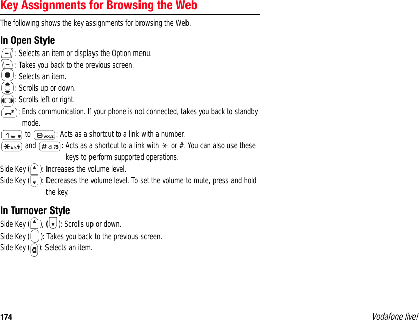 174 Vodafone live!Key Assignments for Browsing the WebThe following shows the key assignments for browsing the Web.In Open Style: Selects an item or displays the Option menu.: Takes you back to the previous screen.: Selects an item.: Scrolls up or down.: Scrolls left or right.: Ends communication. If your phone is not connected, takes you back to standby mode. to  : Acts as a shortcut to a link with a number.  and  : Acts as a shortcut to a link with   or #. You can also use these keys to perform supported operations.Side Key ( ): Increases the volume level.Side Key ( ): Decreases the volume level. To set the volume to mute, press and hold the key.In Turnover StyleSide Key ( ), ( ): Scrolls up or down.Side Key ( ): Takes you back to the previous screen.Side Key ( ): Selects an item.