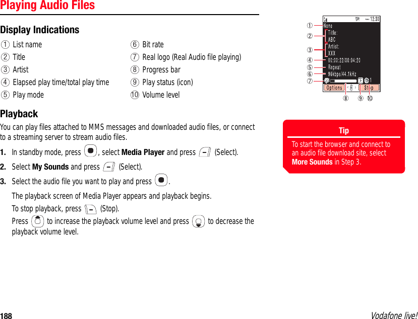 188 Vodafone live!Playing Audio FilesDisplay IndicationsPlaybackYou can play files attached to MMS messages and downloaded audio files, or connect to a streaming server to stream audio files. 1. In standby mode, press  , select Media Player and press   (Select).2. Select My Sounds and press   (Select).3. Select the audio file you want to play and press  .The playback screen of Media Player appears and playback begins. To stop playback, press   (Stop).Press   to increase the playback volume level and press   to decrease the playback volume level.List name Bit rateTitle Real logo (Real Audio file playing)Artist Progress barElapsed play time/total play time Play status (icon)Play mode Volume level1 62 73 84 95 10TipTo start the browser and connect to an audio file download site, select More Sounds in Step 3.