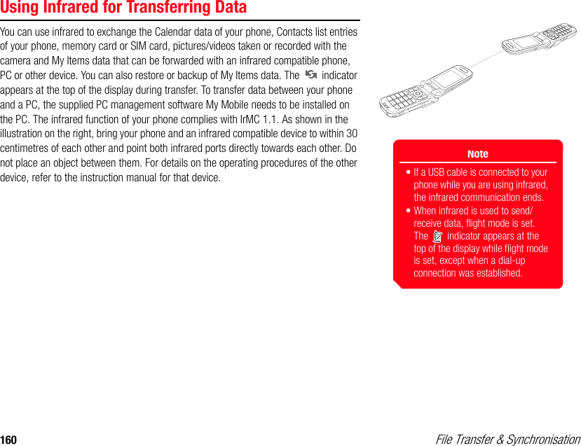 160  File Transfer &amp; SynchronisationUsing Infrared for Transferring DataYou can use infrared to exchange the Calendar data of your phone, Contacts list entries of your phone, memory card or SIM card, pictures/videos taken or recorded with the camera and My Items data that can be forwarded with an infrared compatible phone, PC or other device. You can also restore or backup of My Items data. The   indicator appears at the top of the display during transfer. To transfer data between your phone and a PC, the supplied PC management software My Mobile needs to be installed on the PC. The infrared function of your phone complies with IrMC 1.1. As shown in the illustration on the right, bring your phone and an infrared compatible device to within 30 centimetres of each other and point both infrared ports directly towards each other. Do not place an object between them. For details on the operating procedures of the other device, refer to the instruction manual for that device. Note• If a USB cable is connected to your phone while you are using infrared, the infrared communication ends. • When infrared is used to send/receive data, flight mode is set. The   indicator appears at the top of the display while flight mode is set, except when a dial-up connection was established.