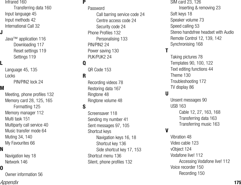 Appendix 175Infrared 160Transferring data 160Input language 45Input methods 42International Call 32JJava™ application 116Downloading 117Reset settings 119Settings 119LLanguage 45, 135LocksPIN/PIN2 lock 24MMeeting, phone profiles 132Memory card 28, 125, 165Formatting 125Memory manager 112Multi task 151Multiparty call service 40Music transfer mode 64Muting 34, 140My Favourites 66NNavigation key 18Network 146OOwner information 56PPasswordCall barring service code 24Centre access code 24Security code 24Phone Profiles 132Personalising 133PIN/PIN2 24Power saving 130PUK/PUK2 24QQR Code 153RRecording videos 78Restoring data 167Ringtone 48Ringtone volume 48SScreensaver 118Sending my number 41Sent messages 97, 105Shortcut keysNavigation keys 16, 18Shortcut key 136Side shortcut key 17, 153Shortcut menu 136Silent, phone profiles 132SIM card 23, 126Inserting &amp; removing 23Soft keys 18Speaker volume 73Speed calling 53Stereo handsfree headset with Audio Remote Control 12, 139, 142Synchronising 168TTaking pictures 78Templates 90, 100, 122Text editing functions 44Theme 130Troubleshooting 172TV display 86UUnsent messages 90USB 163Cable 12, 27, 163, 168Transferring data 163Transferring music 163VVibration 48Video cable 123vObject 124Vodafone live! 112Accessing Vodafone live! 112Voice recorder 150Recording 150