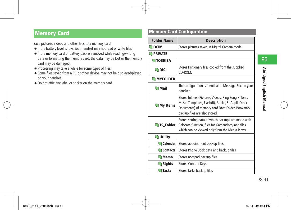 23-4123Abridged English ManualMemory CardSave pictures, videos and other ﬁ les to a memory card.7 If the battery level is low, your handset may not read or write ﬁ les.7 If the memory card or battery pack is removed while reading/writing data or formatting the memory card, the data may be lost or the memory card may be damaged.7 Processing may take a while for some types of ﬁ les.7 Some ﬁ les saved from a PC or other device, may not be displayed/played on your handset.7 Do not afﬁ x any label or sticker on the memory card.Memory Card Conﬁ gurationFolder Name Description DCIM Stores pictures taken in Digital Camera mode. PRIVATE TOSHIBA DIC Stores Dictionary ﬁ les copied from the supplied CD-ROM. MYFOLDER Mail The conﬁ guration is identical to Message Box on your handset. My ItemsStores folders (Pictures, Videos, Ring Song・Tone, Music, Templates, Flash(R), Books, S! Appli, Other Documents) of memory card Data Folder. Bookmark backup ﬁ les are also stored.  TS_FolderStores setting data of which backups are made with Relocate function, ﬁ les for Gamendeco, and ﬁ les which can be viewed only from the Media Player. Utility   CalendarStores appointment backup ﬁ les. ContactsStores Phone Book data and backup ﬁ les. MemoStores notepad backup ﬁ les. RightsStores Content Keys. TasksStores tasks backup ﬁ les.810T_811T_0608.indb   23-41810T_811T_0608.indb   23-41 06.9.4   4:14:41 PM06.9.4   4:14:41 PM