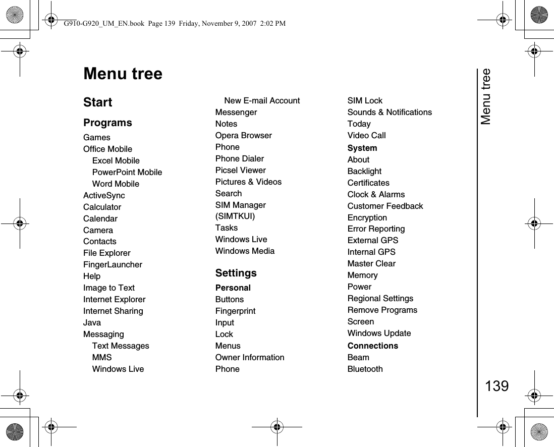 Menu tree139Menu treeMenu treeStart Programs Games Office Mobile Excel Mobile PowerPoint Mobile Word Mobile ActiveSync Calculator Calendar Camera Contacts File Explorer FingerLauncher Help Image to TextInternet Explorer Internet Sharing Java Messaging Text Messages MMS Windows Live New E-mail Account Messenger Notes Opera Browser Phone Phone Dialer Picsel Viewer Pictures &amp; VideosSearch SIM Manager (SIMTKUI)Tasks Windows Live Windows Media Settings Personal Buttons Fingerprint Input Lock Menus Owner Information Phone SIM Lock Sounds &amp; Notifications TodayVideo Call System About Backlight Certificates Clock &amp; Alarms Customer Feedback Encryption Error Reporting External GPS Internal GPSMaster Clear Memory Power Regional Settings Remove Programs Screen Windows Update Connections Beam Bluetooth G910-G920_UM_EN.book  Page 139  Friday, November 9, 2007  2:02 PM