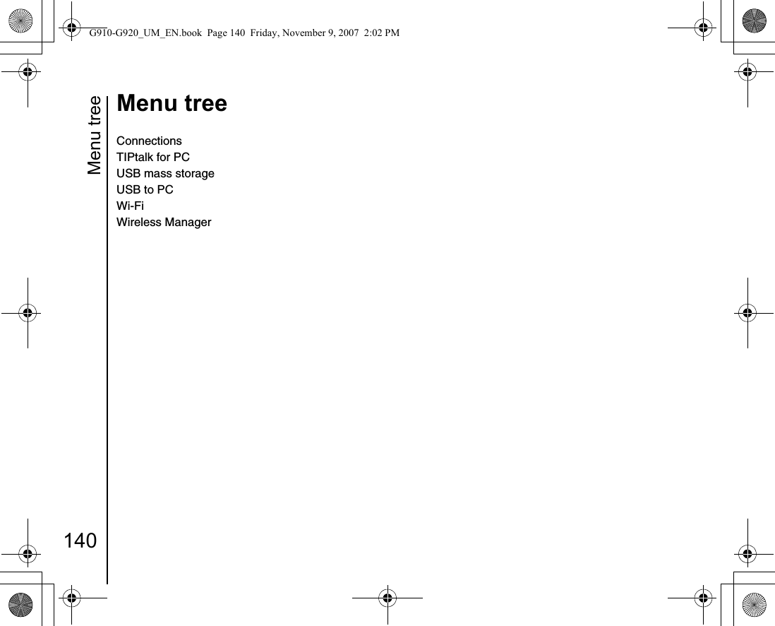 Menu tree140Menu treeConnections TIPtalk for PCUSB mass storage USB to PC Wi-Fi Wireless ManagerG910-G920_UM_EN.book  Page 140  Friday, November 9, 2007  2:02 PM