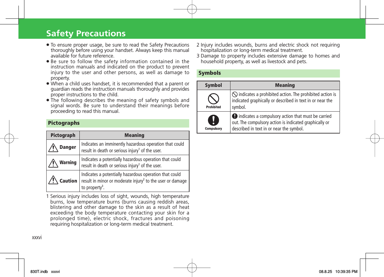 xxxviSafety Precautions To ensure proper usage, be sure to read the Safety Precautions thoroughly before using your handset. Always keep this manual available for future reference. Be sure to follow the safety information contained in the instruction manuals and indicated on the product to prevent injury to the user and other persons, as well as damage to property. When a child uses handset, it is recommended that a parent or guardian reads the instruction manuals thoroughly and provides proper instructions to the child. The following describes the meaning of safety symbols and signal words. Be sure to understand their meanings before proceeding to read this manual.PictographsPictograph Meaning Danger Indicates an imminently hazardous operation that could result in death or serious injury1 of the user. WarningIndicates a potentially hazardous operation that could result in death or serious injury1 of the user. CautionIndicates a potentially hazardous operation that could result in minor or moderate injury2 to the user or damage to property3.1  Serious injury includes loss of sight, wounds, high temperature burns, low temperature burns (burns causing reddish areas, blistering and other damage to the skin as a result of heat exceeding the body temperature contacting your skin for a prolonged time), electric shock, fractures and poisoning requiring hospitalization or long-term medical treatment.••••2  Injury includes wounds, burns and electric shock not requiring hospitalization or long-term medical treatment.3  Damage to property includes extensive damage to homes and household property, as well as livestock and pets.SymbolsSymbol Meaning indicates a prohibited action. The prohibited action is indicated graphically or described in text in or near the symbol. indicates a compulsory action that must be carried out. The compulsory action is indicated graphically or described in text in or near the symbol.830T.indb   xxxvi830T.indb   xxxvi 08.8.25   10:39:35 PM08.8.25   10:39:35 PM