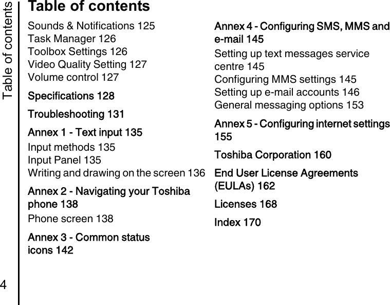 Table of contents4Table of contentsSounds &amp; Notifications 125Task Manager 126Toolbox Settings 126Video Quality Setting 127Volume control 127Specifications 128Troubleshooting 131Annex 1 - Text input 135Input methods 135Input Panel 135Writing and drawing on the screen 136Annex 2 - Navigating your Toshiba phone 138Phone screen 138Annex 3 - Common status icons 142Annex 4 - Configuring SMS, MMS and e-mail 145Setting up text messages service centre 145Configuring MMS settings 145Setting up e-mail accounts 146General messaging options 153Annex 5 - Configuring internet settings 155Toshiba Corporation 160End User License Agreements (EULAs) 162Licenses 168Index 170