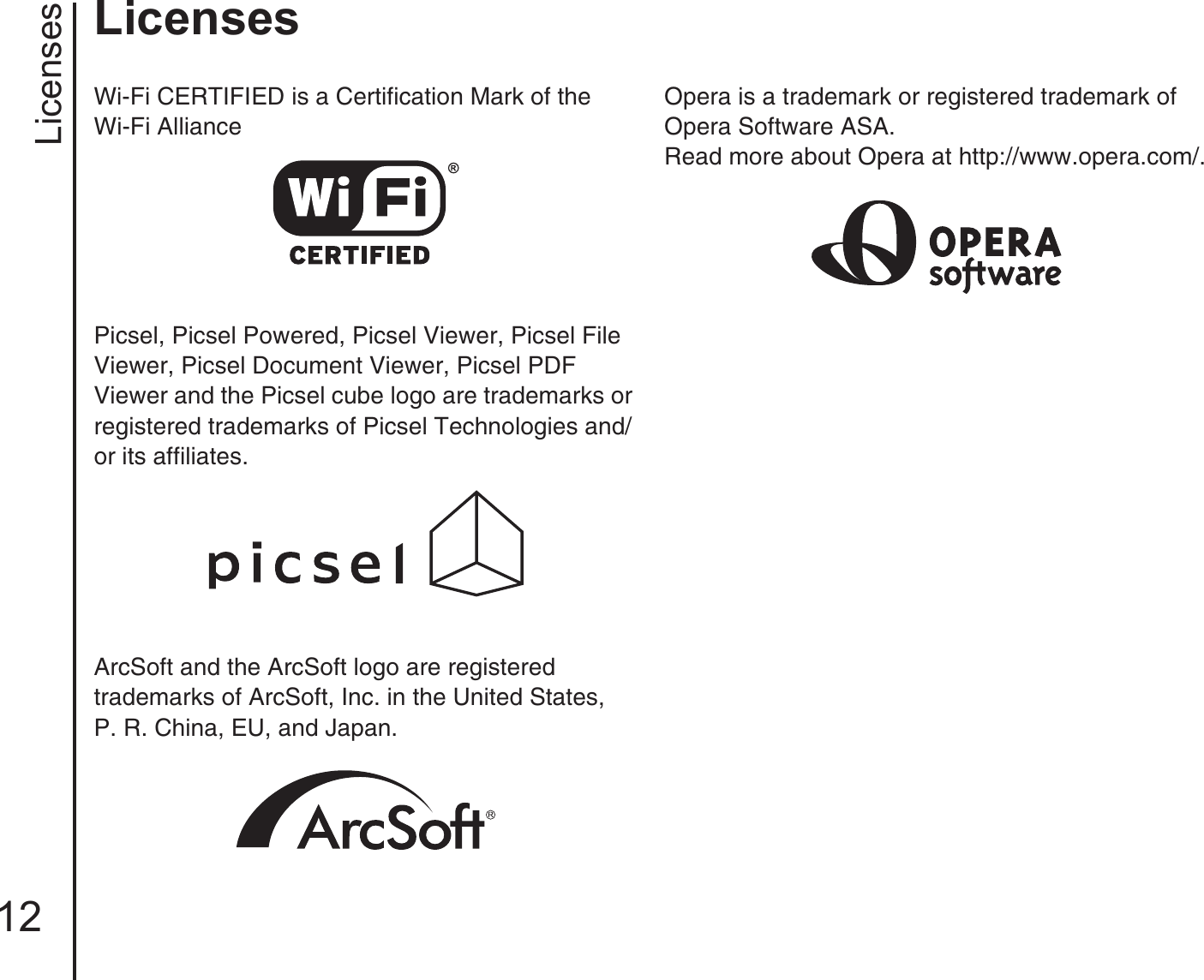 Licenses12LicensesWi-Fi CERTIFIED is a Certification Mark of the Wi-Fi AlliancePicsel, Picsel Powered, Picsel Viewer, Picsel File Viewer, Picsel Document Viewer, Picsel PDF Viewer and the Picsel cube logo are trademarks or registered trademarks of Picsel Technologies and/or its affiliates.ArcSoft and the ArcSoft logo are registered trademarks of ArcSoft, Inc. in the United States,P. R. China, EU, and Japan.Opera is a trademark or registered trademark of Opera Software ASA.Read more about Opera at http://www.opera.com/.