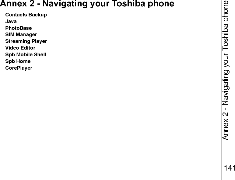 Annex 2 - Navigating your Toshiba phone141Annex 2 - Navigating your Toshiba phoneContacts BackupJavaPhotoBaseSIM ManagerStreaming PlayerVideo EditorSpb Mobile ShellSpb HomeCorePlayer