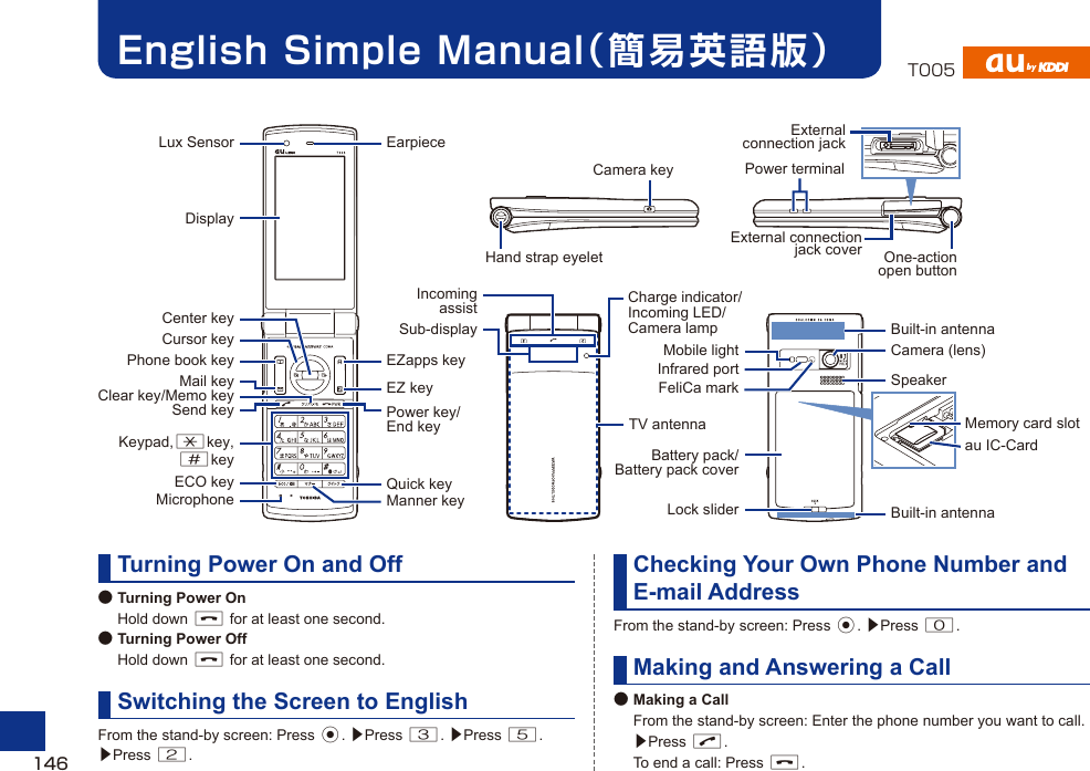 English Simple Manual（簡易英語版）Turning Power On and Off● Turning Power On Hold down F for at least one second.● Turning Power Off Hold down F for at least one second.Switching the Screen to EnglishFrom the stand-by screen: Press c. ▶Press 3. ▶Press 5. ▶Press 2.Checking Your Own Phone Number and E-mail AddressFrom the stand-by screen: Press c. ▶Press 0.Making and Answering a Call● Making a Call  From the stand-by screen: Enter the phone number you want to call. ▶Press N.  To end a call: Press F.TV antennaLux SensorDisplayIncoming assistSub-displayCursor keyCenter keyPhone book keyECO keyMail keySend keyKeypad,*key,#keyMicrophoneClear key/Memo keyEarpieceEZapps keyQuick keyEZ keyManner keyPower key/End keyExternal connectionjack coverPower terminalExternal connection jackCamera (lens)Infrared portMobile lightOne-action open buttonCharge indicator/Incoming LED/Camera lampFeliCa mark SpeakerBattery pack/Battery pack coverLock sliderBuilt-in antennaBuilt-in antennaHand strap eyeletCamera keyau IC-CardMemory card slot146T005