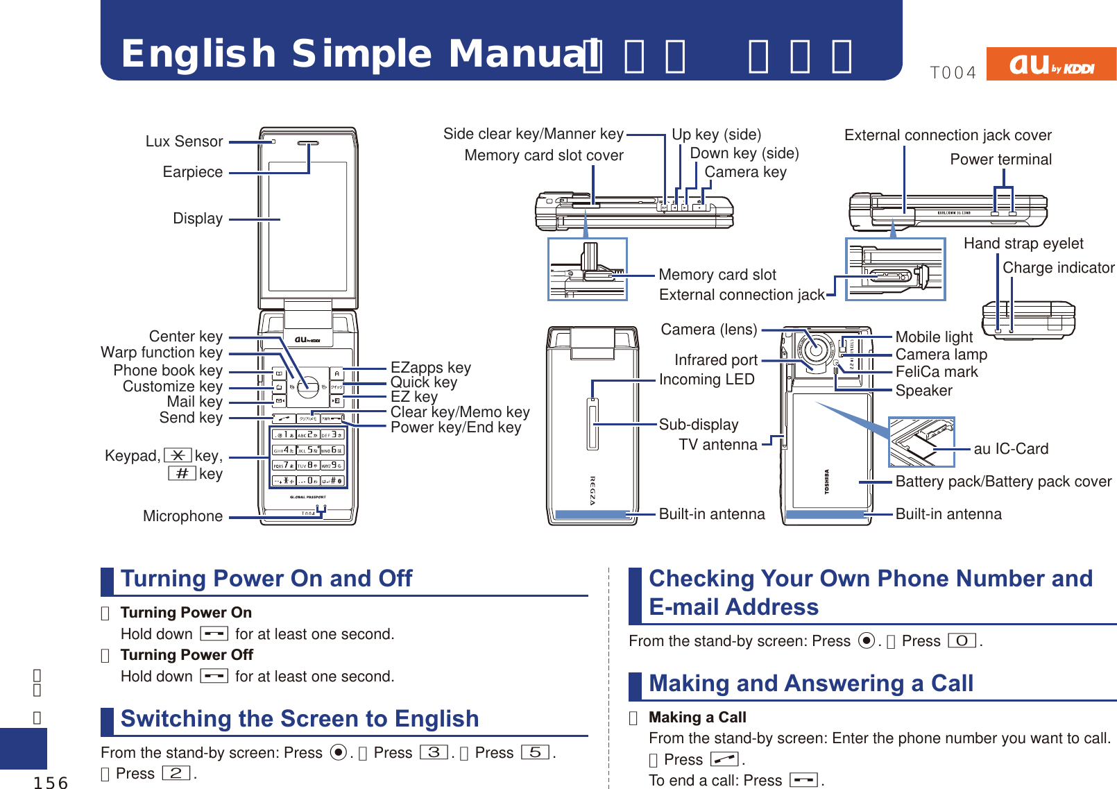 English Simple Manual（簡易英語版）Turning Power On and Off● Turning Power On Hold down F for at least one second.● Turning Power Off Hold down F for at least one second.Switching the Screen to EnglishFrom the stand-by screen: Press c.▶Press 3.▶Press 5.▶Press 2.Checking Your Own Phone Number and E-mail AddressFrom the stand-by screen: Press c.▶Press 0.Making and Answering a Call● Making a Call  From the stand-by screen: Enter the phone number you want to call. ▶Press N.  To end a call: Press F.Lux SensorEarpieceDisplayCenter keyWarp function keyPhone book keyCustomize keyMail keySend keyKeypad,*key,#keyMicrophoneEZapps keyQuick keyEZ keyClear key/Memo keyPower key/End keyMemory card slot coverSide clear key/Manner key Up key (side) Down key (side) Camera keyMemory card slotExternal connection jack coverPower terminalExternal connection jackCamera (lens)Infrared portTV antennaIncoming LEDSub-displayBuilt-in antennaMobile lightCamera lampFeliCa markSpeakerBattery pack/Battery pack coverBuilt-in antennaHand strap eyeletCharge indicatorau IC-CardT004156