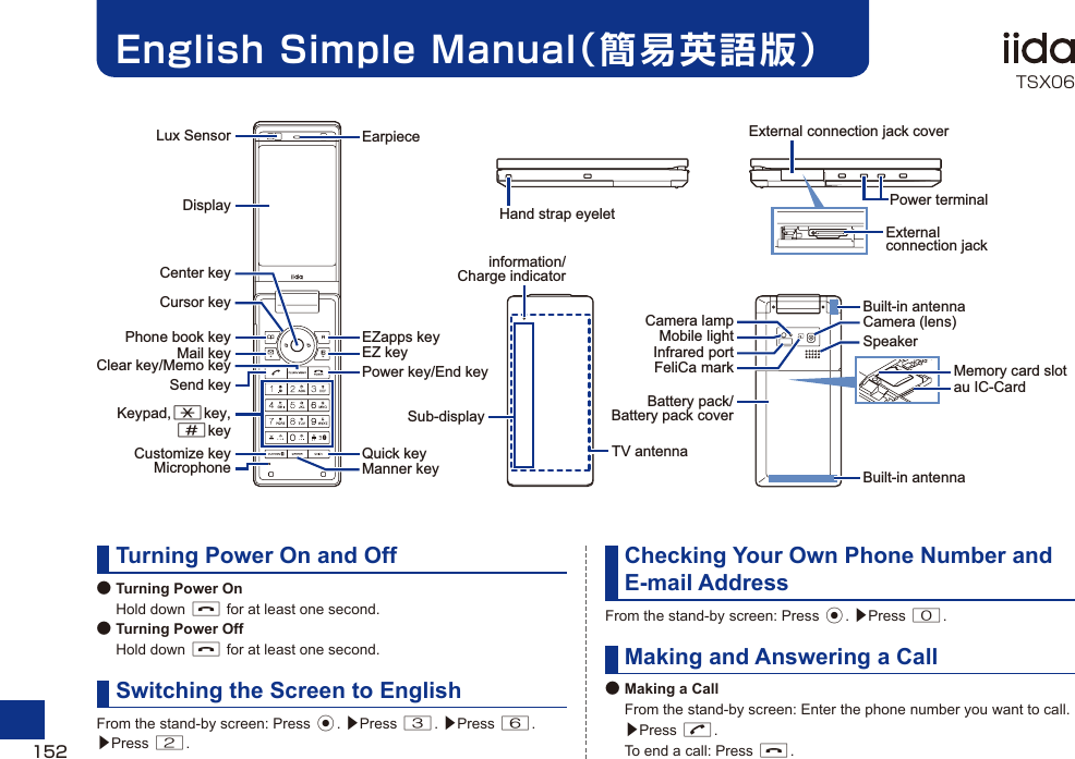 English Simple Manual（簡易英語版）Turning Power On and Off● Turning Power On Hold down F for at least one second.● Turning Power Off Hold down F for at least one second.Switching the Screen to EnglishFrom the stand-by screen: Press c. ▶Press 3. ▶Press 6. ▶Press 2.Checking Your Own Phone Number and E-mail AddressFrom the stand-by screen: Press c. ▶Press 0.Making and Answering a Call● Making a Call  From the stand-by screen: Enter the phone number you want to call. ▶Press N.  To end a call: Press F.Lux SensorDisplayCenter keyCursor keyPhone book keyCustomize keyMail keySend keyKeypad,*key,#keyMicrophoneClear key/Memo keyEarpieceEZapps keyQuick keyEZ keyPower key/End keyManner keyMemory card slotExternal connection jack coverPower terminalExternal connection jackCamera (lens)Infrared portTV antennaSub-displayMobile lightCamera lampFeliCa markSpeakerBattery pack/Battery pack coverBuilt-in antennaBuilt-in antennaHand strap eyeletinformation/Charge indicatorau IC-Card152TSX06