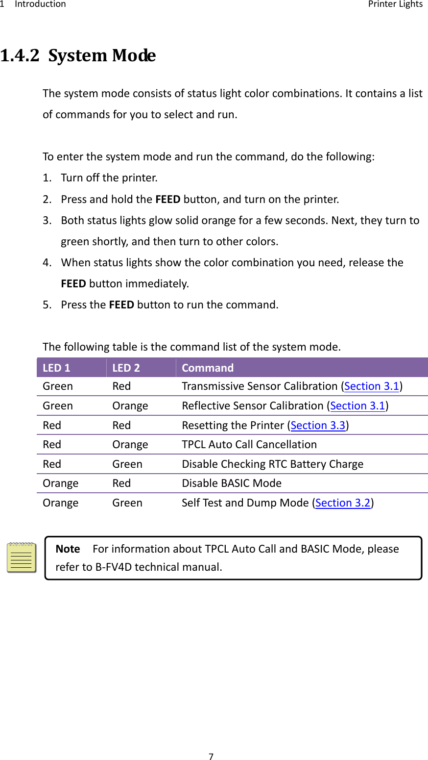 1Introduction PrinterLights71.4.2SystemModeThesystemmodeconsistsofstatuslightcolorcombinations.Itcontainsalistofcommandsforyoutoselectandrun.Toenterthesystemmodeandrunthecommand,dothefollowing:1.Turnofftheprinter.2.PressandholdtheFEEDbutton,andturnontheprinter.3.Bothstatuslightsglowsolidorangeforafewseconds.Next,theyturntogreenshortly,andthenturntoothercolors.4.Whenstatuslightsshowthecolorcombinationyouneed,releasetheFEEDbuttonimmediately.5.PresstheFEEDbuttontorunthecommand.Thefollowingtableisthecommandlistofthesystemmode.LED1LED2CommandGreenRedTransmissiveSensorCalibration(Section3.1)GreenOrangeReflectiveSensorCalibration(Section3.1)RedRedResettingthePrinter(Section3.3)RedOrangeTPCLAutoCallCancellationRedGreenDisableCheckingRTCBatteryChargeOrangeRedDisableBASICModeOrangeGreenSelfTestandDumpMode(Section3.2)NoteForinformationaboutTPCLAutoCallandBASICMode,pleaserefertoB‐FV4Dtechnicalmanual.