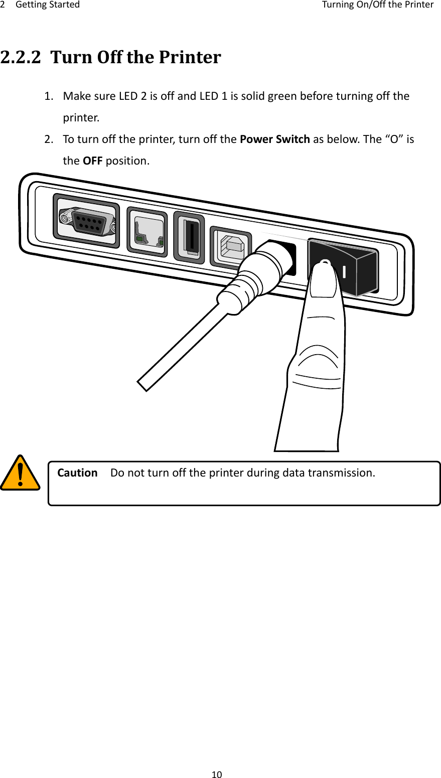 2GettingStartedTurningOn/OffthePrinter102.2.2TurnOffthePrinter1.MakesureLED2isoffandLED1issolidgreenbeforeturningofftheprinter.2.Toturnofftheprinter,turnoffthePowerSwitchasbelow.The“O”istheOFFposition.CautionDonotturnofftheprinterduringdatatransmission.