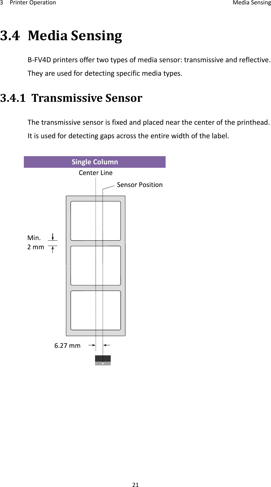 3PrinterOperation MediaSensing213.4MediaSensingB‐FV4Dprintersoffertwotypesofmediasensor:transmissiveandreflective.Theyareusedfordetectingspecificmediatypes.3.4.1TransmissiveSensorThetransmissivesensorisfixedandplacednearthecenteroftheprinthead.Itisusedfordetectinggapsacrosstheentirewidthofthelabel.SingleColumn