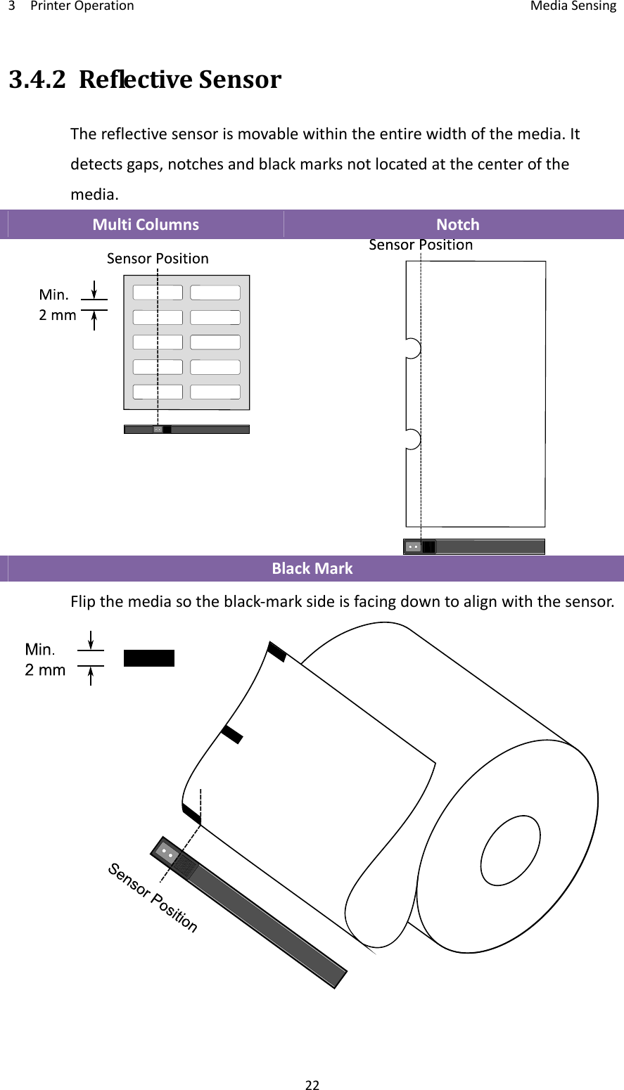 3PrinterOperation MediaSensing223.4.2ReflectiveSensorThereflectivesensorismovablewithintheentirewidthofthemedia.Itdetectsgaps,notchesandblackmarksnotlocatedatthecenterofthemedia.MultiColumnsNotchBlackMarkFlipthemediasotheblack‐marksideisfacingdowntoalignwiththesensor.