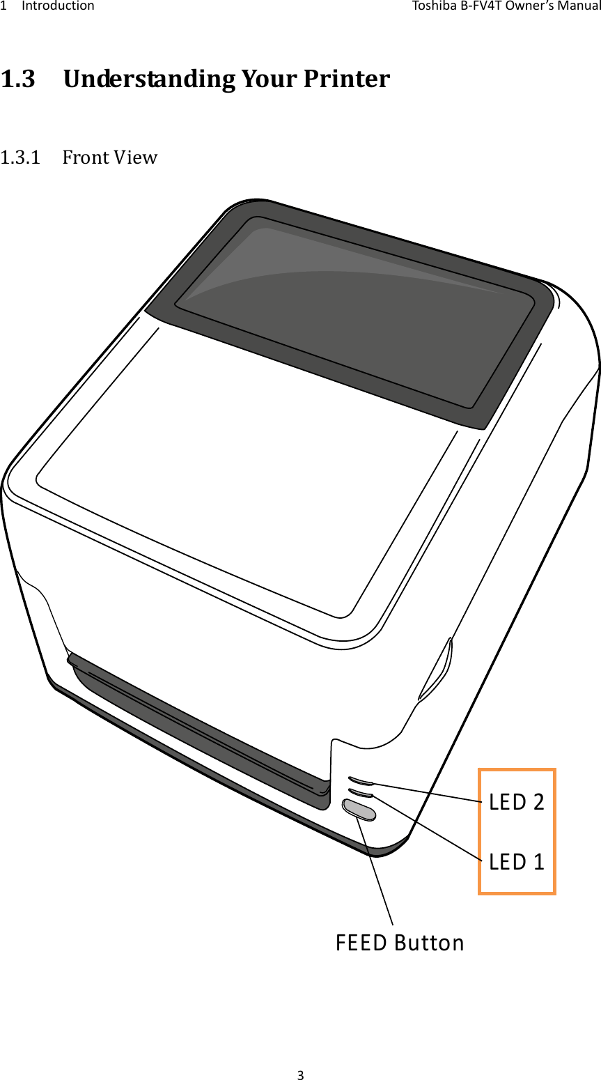 1IntroductionToshi b a B‐FV4TOwner’sManual31.3UnderstandingYourPrinter1.3.1  FrontViewLED2LED1FEEDButton