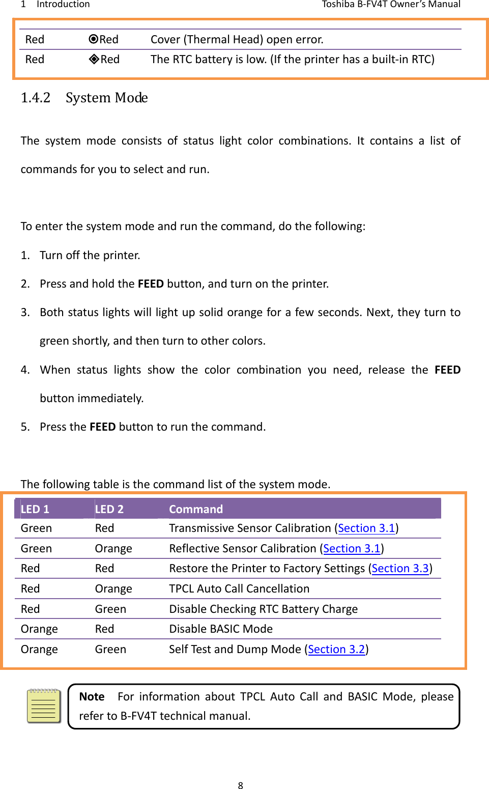 1IntroductionToshi b a B‐FV4TOwner’sManual8RedRedCover(ThermalHead)openerror.RedRedTheRTCbatteryislow.(Iftheprinterhasabuilt‐inRTC)1.4.2  SystemModeThesystemmodeconsistsofstatuslightcolorcombinations.Itcontainsalistofcommandsforyoutoselectandrun.Toenterthesystemmodeandrunthecommand,dothefollowing:1. Turnofftheprinter.2. PressandholdtheFEEDbutton,andturnontheprinter.3. Bothstatuslightswilllightupsolidorangeforafewseconds.Next,theyturntogreenshortly,andthenturntoothercolors.4. Whenstatuslightsshowthecolorcombinationyouneed,releasetheFEEDbuttonimmediately.5. PresstheFEEDbuttontorunthecommand.Thefollowingtableisthecommandlistofthesystemmode.LED1LED2CommandGreenRedTransmissiveSensorCalibration(Section3.1)GreenOrangeReflectiveSensorCalibration(Section3.1)RedRedRestorethePrintertoFactorySettings(Section3.3)RedOrangeTPCLAutoCallCancellationRedGreenDisableCheckingRTCBatteryChargeOrangeRedDisableBASICModeOrangeGreenSelfTestandDumpMode(Section3.2)NoteForinformationaboutTPCLAutoCallandBASICMode,pleaserefertoB‐FV4Ttechnicalmanual.