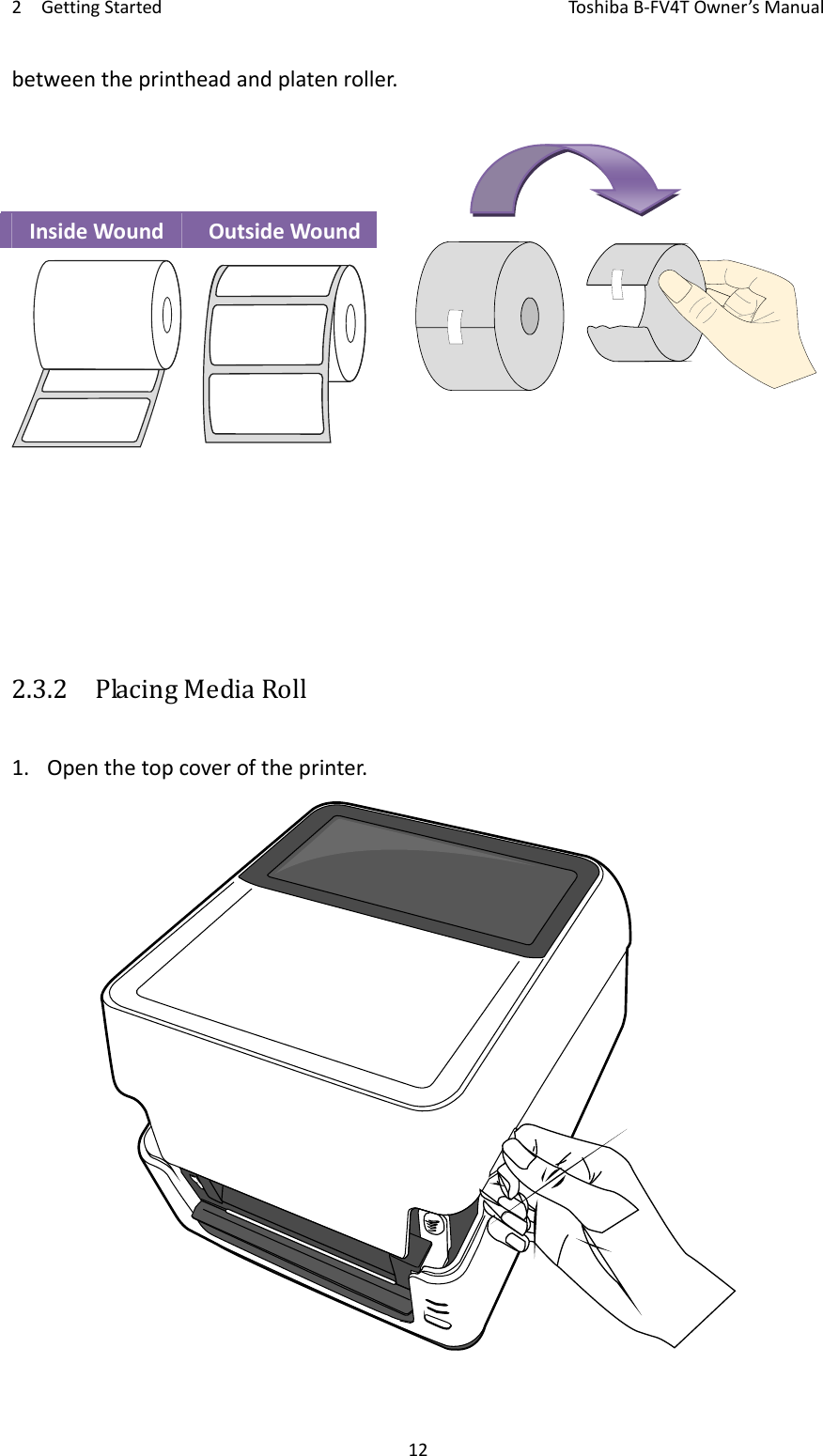 2GettingStartedToshi b a B‐FV4TOwner’sManual12betweentheprintheadandplatenroller.InsideWoundOutsideWound2.3.2  PlacingMediaRoll1. Openthetopcoveroftheprinter.