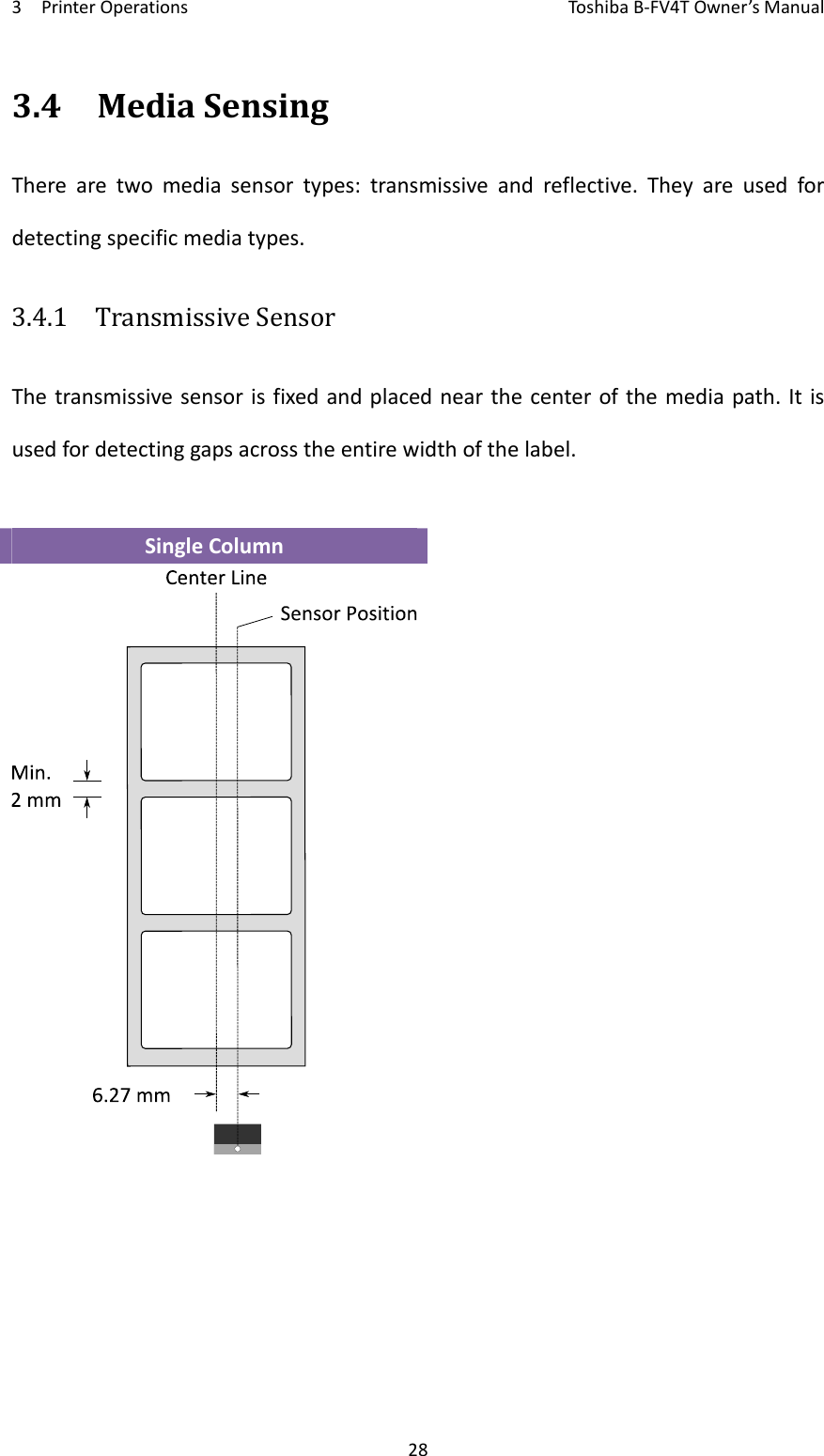 3PrinterOperationsToshi b a B‐FV4TOwner’sManual283.4MediaSensingTherearetwomediasensortypes:transmissiveandreflective.Theyareusedfordetectingspecificmediatypes.3.4.1  TransmissiveSensorThetransmissivesensorisfixedandplacednearthecenterofthemediapath.Itisusedfordetectinggapsacrosstheentirewidthofthelabel.SingleColumn