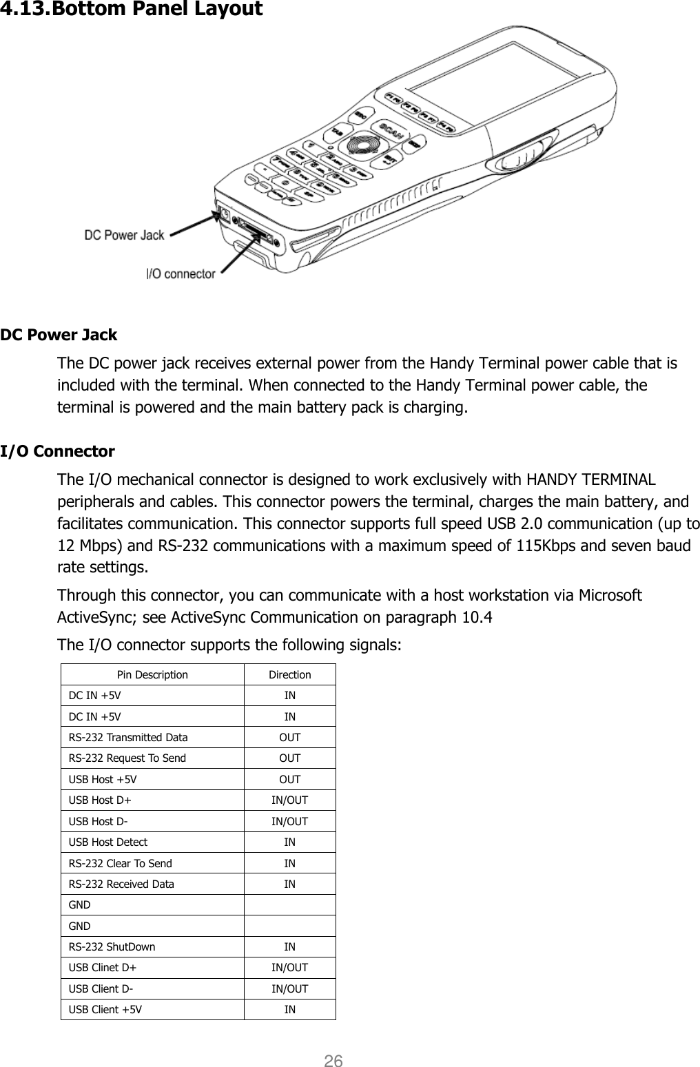 User manual                                                   HANDY TERMINAL 26 4.13. Bottom Panel Layout     DC Power Jack The DC power jack receives external power from the Handy Terminal power cable that is included with the terminal. When connected to the Handy Terminal power cable, the terminal is powered and the main battery pack is charging.  I/O Connector The I/O mechanical connector is designed to work exclusively with HANDY TERMINAL peripherals and cables. This connector powers the terminal, charges the main battery, and facilitates communication. This connector supports full speed USB 2.0 communication (up to 12 Mbps) and RS-232 communications with a maximum speed of 115Kbps and seven baud rate settings.  Through this connector, you can communicate with a host workstation via Microsoft ActiveSync; see ActiveSync Communication on paragraph 10.4  The I/O connector supports the following signals: Pin Description  Direction DC IN +5V    IN DC IN +5V    IN RS-232 Transmitted Data  OUT RS-232 Request To Send  OUT USB Host +5V  OUT USB Host D+  IN/OUT USB Host D-  IN/OUT USB Host Detect  IN RS-232 Clear To Send  IN RS-232 Received Data  IN GND   GND   RS-232 ShutDown  IN USB Clinet D+  IN/OUT USB Client D-  IN/OUT USB Client +5V  IN  