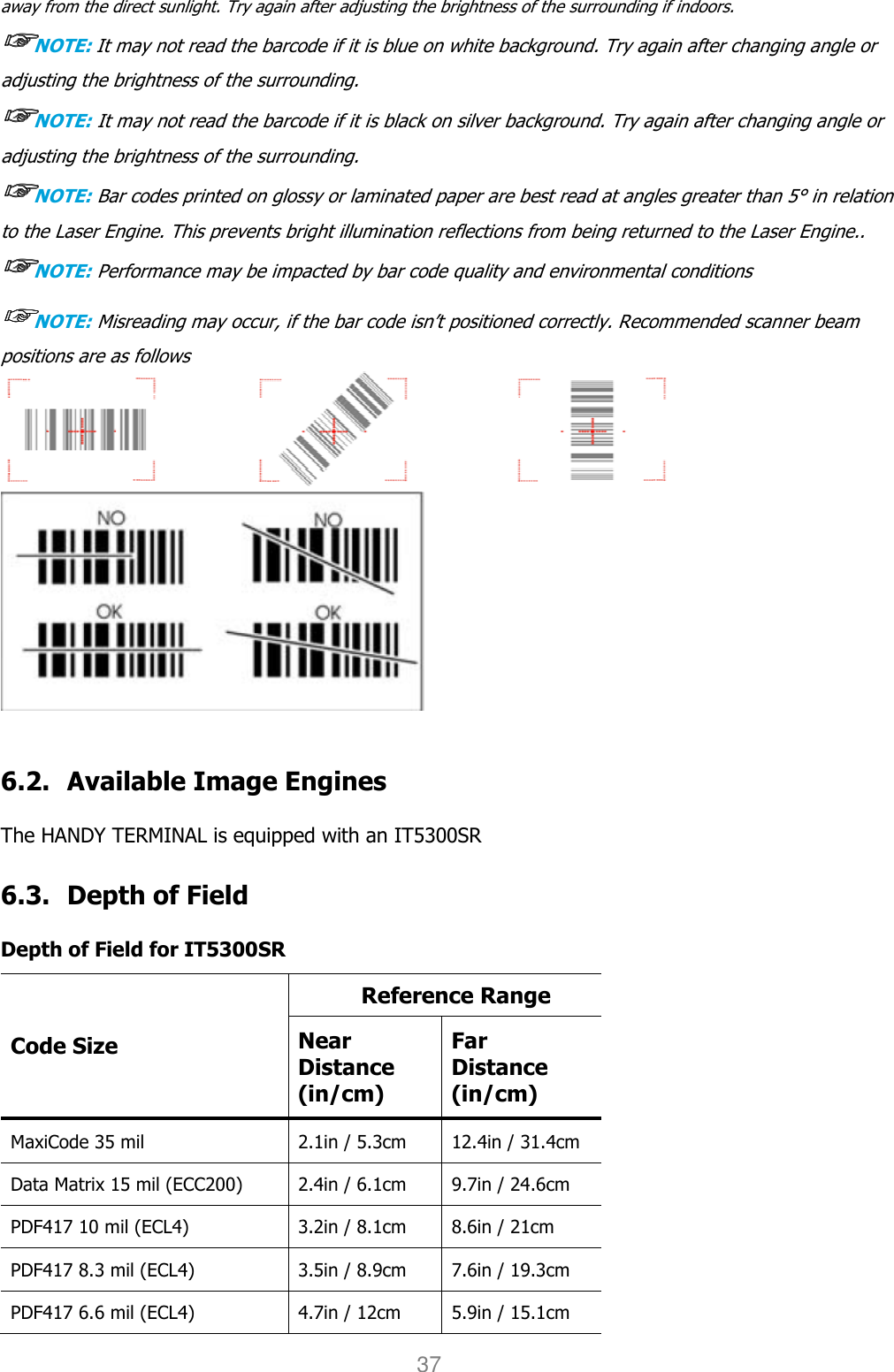 User manual                                                   HANDY TERMINAL 37 away from the direct sunlight. Try again after adjusting the brightness of the surrounding if indoors. ☞☞☞☞NOTE: It may not read the barcode if it is blue on white background. Try again after changing angle or adjusting the brightness of the surrounding. ☞☞☞☞NOTE: It may not read the barcode if it is black on silver background. Try again after changing angle or adjusting the brightness of the surrounding. ☞☞☞☞NOTE: Bar codes printed on glossy or laminated paper are best read at angles greater than 5° in relation to the Laser Engine. This prevents bright illumination reflections from being returned to the Laser Engine.. ☞☞☞☞NOTE: Performance may be impacted by bar code quality and environmental conditions ☞☞☞☞NOTE: Misreading may occur, if the bar code isn’t positioned correctly. Recommended scanner beam positions are as follows     6.2. Available Image Engines  The HANDY TERMINAL is equipped with an IT5300SR  6.3. Depth of Field  Depth of Field for IT5300SR Code Size Reference Range   Near Distance (in/cm) Far Distance (in/cm) MaxiCode 35 mil  2.1in / 5.3cm  12.4in / 31.4cm Data Matrix 15 mil (ECC200)  2.4in / 6.1cm  9.7in / 24.6cm PDF417 10 mil (ECL4)  3.2in / 8.1cm  8.6in / 21cm PDF417 8.3 mil (ECL4)  3.5in / 8.9cm  7.6in / 19.3cm PDF417 6.6 mil (ECL4)  4.7in / 12cm  5.9in / 15.1cm 