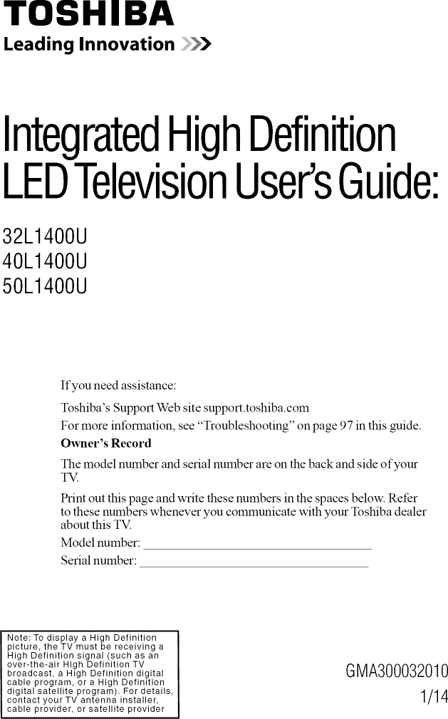 Toshiba 32L1400U User Manual LED TV Manuals And Guides 1402045L