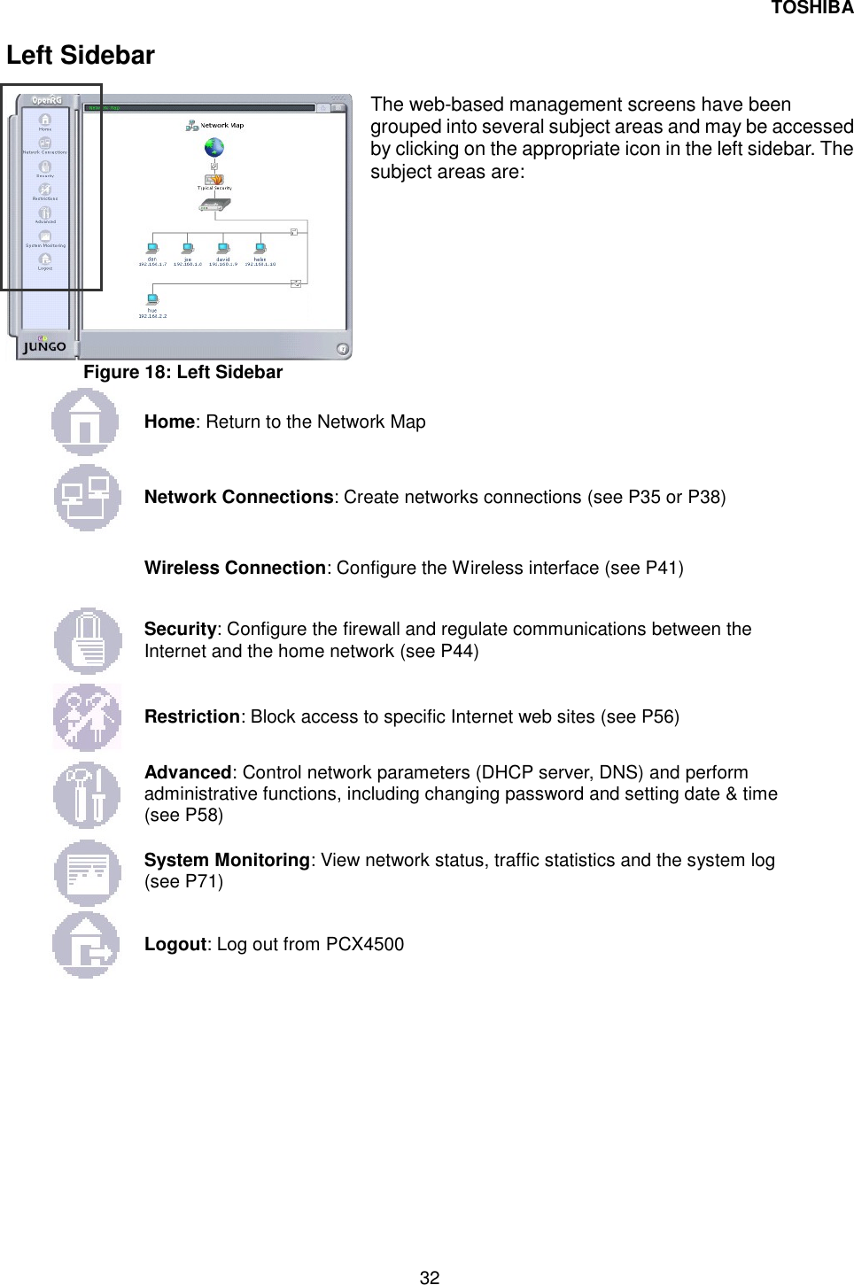 TOSHIBA 32   Left Sidebar    The web-based management screens have been grouped into several subject areas and may be accessed by clicking on the appropriate icon in the left sidebar. The subject areas are:   Figure 18: Left Sidebar  Home: Return to the Network Map  Network Connections: Create networks connections (see P35 or P38)    Wireless Connection: Configure the Wireless interface (see P41)  Security: Configure the firewall and regulate communications between the Internet and the home network (see P44)  Restriction: Block access to specific Internet web sites (see P56)  Advanced: Control network parameters (DHCP server, DNS) and perform administrative functions, including changing password and setting date &amp; time (see P58)  System Monitoring: View network status, traffic statistics and the system log (see P71)  Logout: Log out from PCX4500  