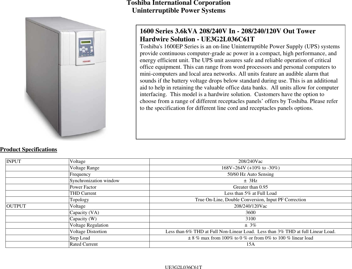 Page 1 of 3 - Toshiba Toshiba-1600-Series-Specifications 1600EP Series 3600VA 240V Hardwire - UE3G2L036C61T