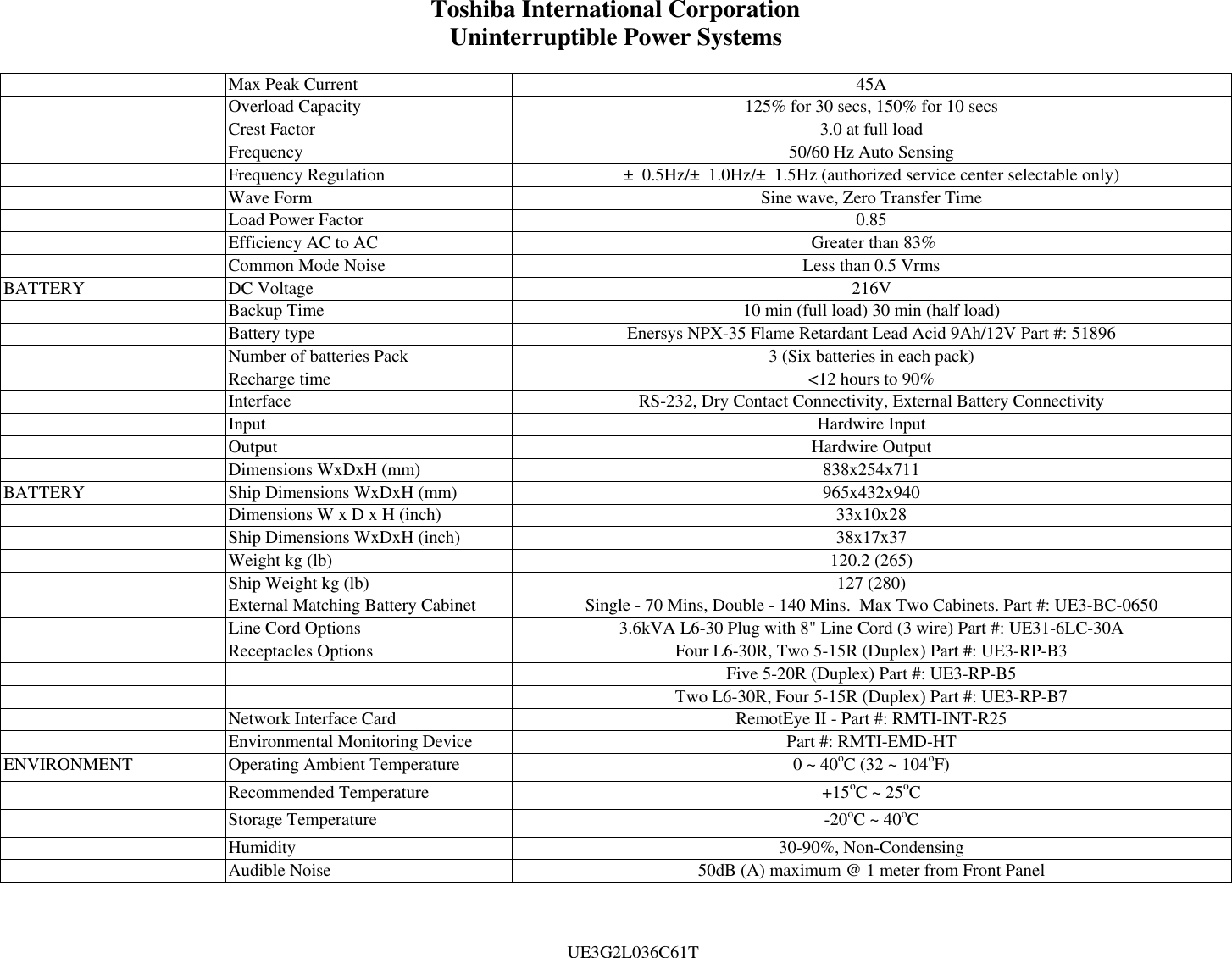Page 2 of 3 - Toshiba Toshiba-1600-Series-Specifications 1600EP Series 3600VA 240V Hardwire - UE3G2L036C61T