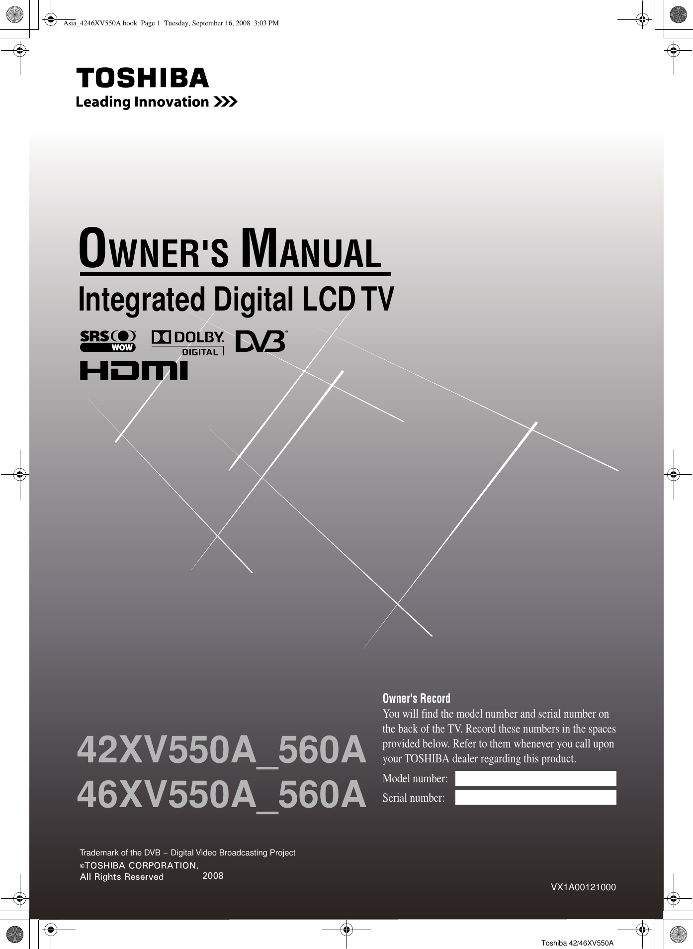 Toshiba 42xv550a 560a Users Manual