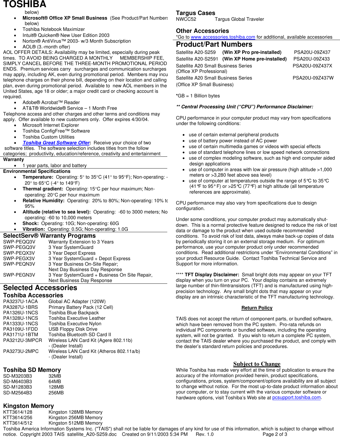 Page 2 of 12 - Toshiba Toshiba-A20-S259-Brochure- Product Highlights  Toshiba-a20-s259-brochure