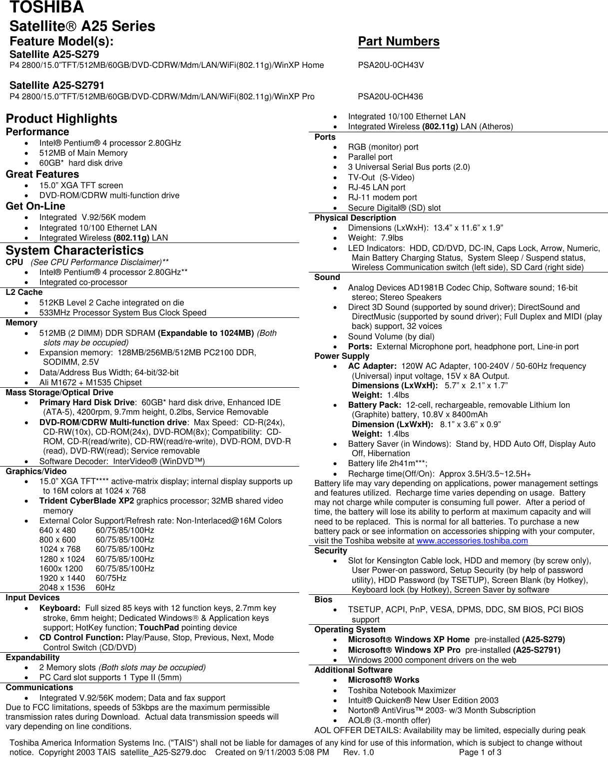 Page 4 of 12 - Toshiba Toshiba-A20-S259-Brochure- Product Highlights  Toshiba-a20-s259-brochure