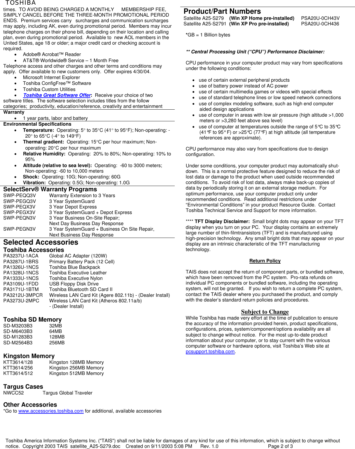 Page 5 of 12 - Toshiba Toshiba-A20-S259-Brochure- Product Highlights  Toshiba-a20-s259-brochure