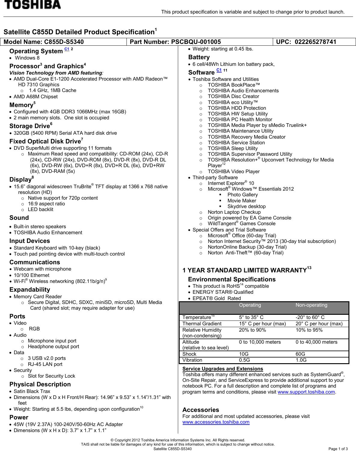 Page 1 of 3 - Toshiba Toshiba-Canvio-3-0-Portable-Hard-Drive-Hdtc610Xk3B1-Specifications Satellite C855D-S5340 SPEC