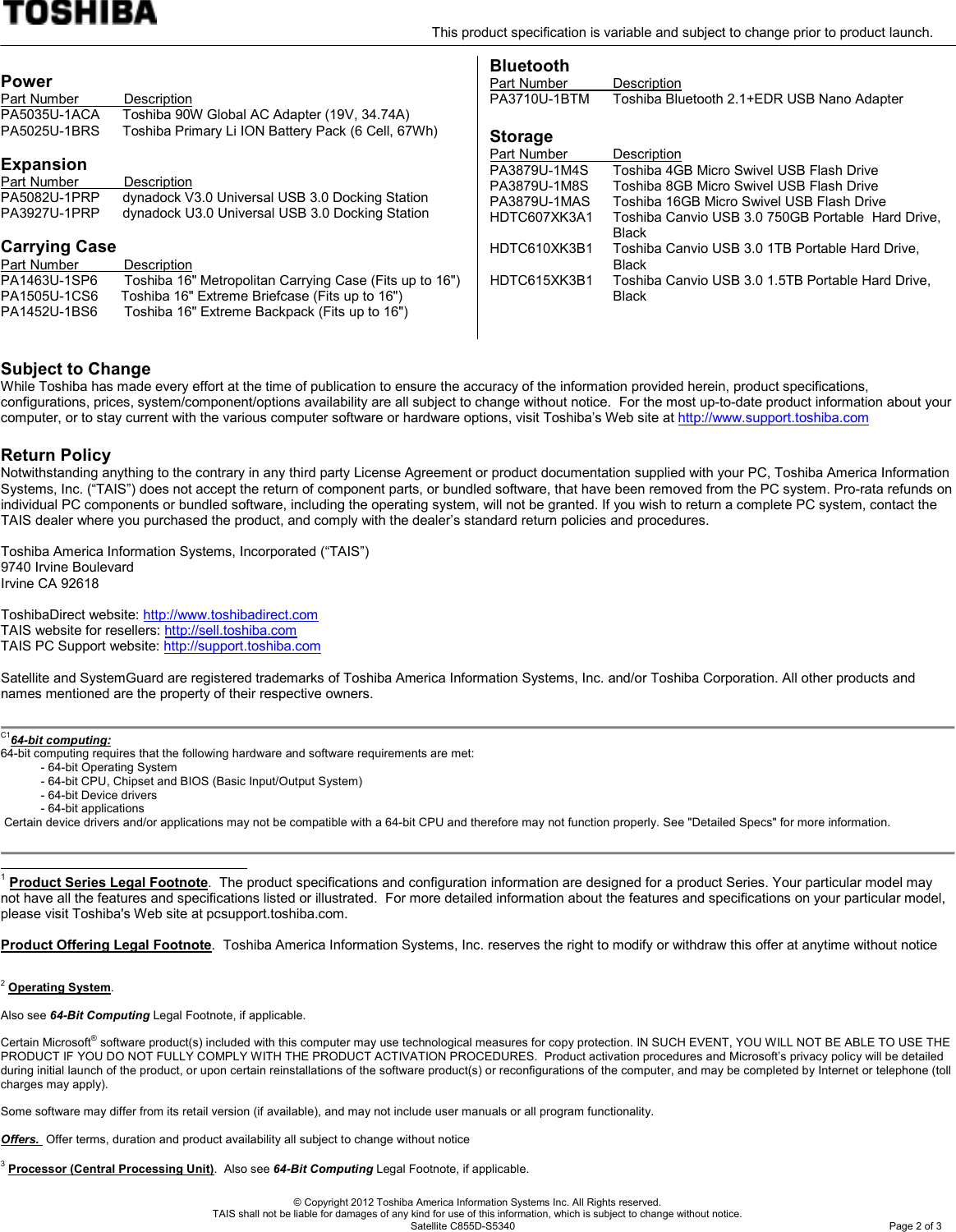 Page 2 of 3 - Toshiba Toshiba-Canvio-3-0-Portable-Hard-Drive-Hdtc610Xk3B1-Specifications Satellite C855D-S5340 SPEC
