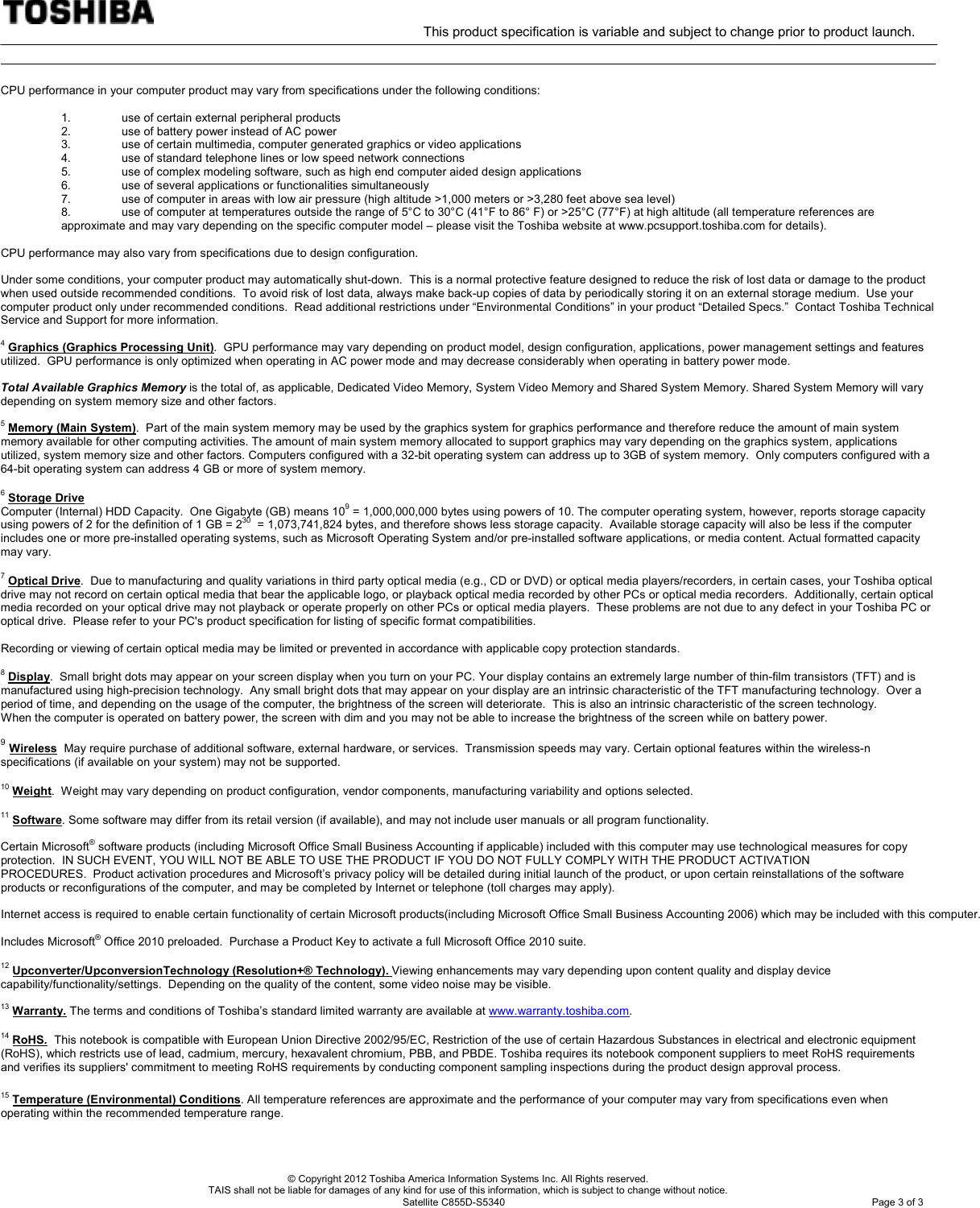 Page 3 of 3 - Toshiba Toshiba-Canvio-3-0-Portable-Hard-Drive-Hdtc610Xk3B1-Specifications Satellite C855D-S5340 SPEC