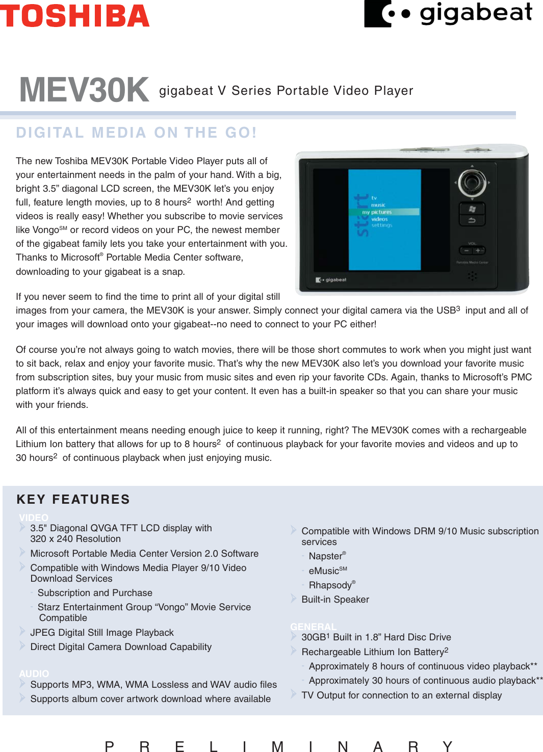 Page 1 of 2 - Toshiba Toshiba-Gigabeat-V-Series-Mev30K-Brochure- MEV30Ksell.qxp  Toshiba-gigabeat-v-series-mev30k-brochure