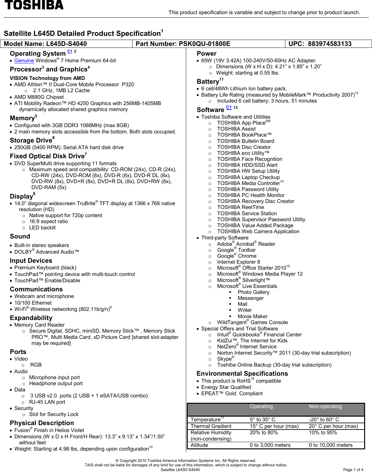 Page 1 of 4 - Toshiba Toshiba-Laptop-L645D-Specifications Satellite L645D-S4040 SPEC