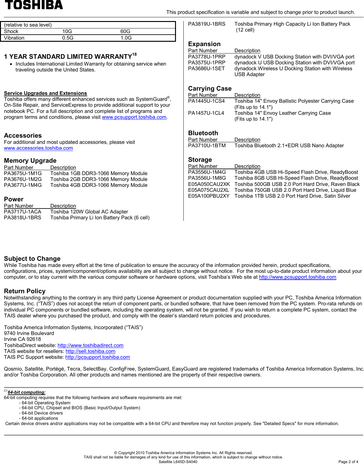 Page 2 of 4 - Toshiba Toshiba-Laptop-L645D-Specifications Satellite L645D-S4040 SPEC
