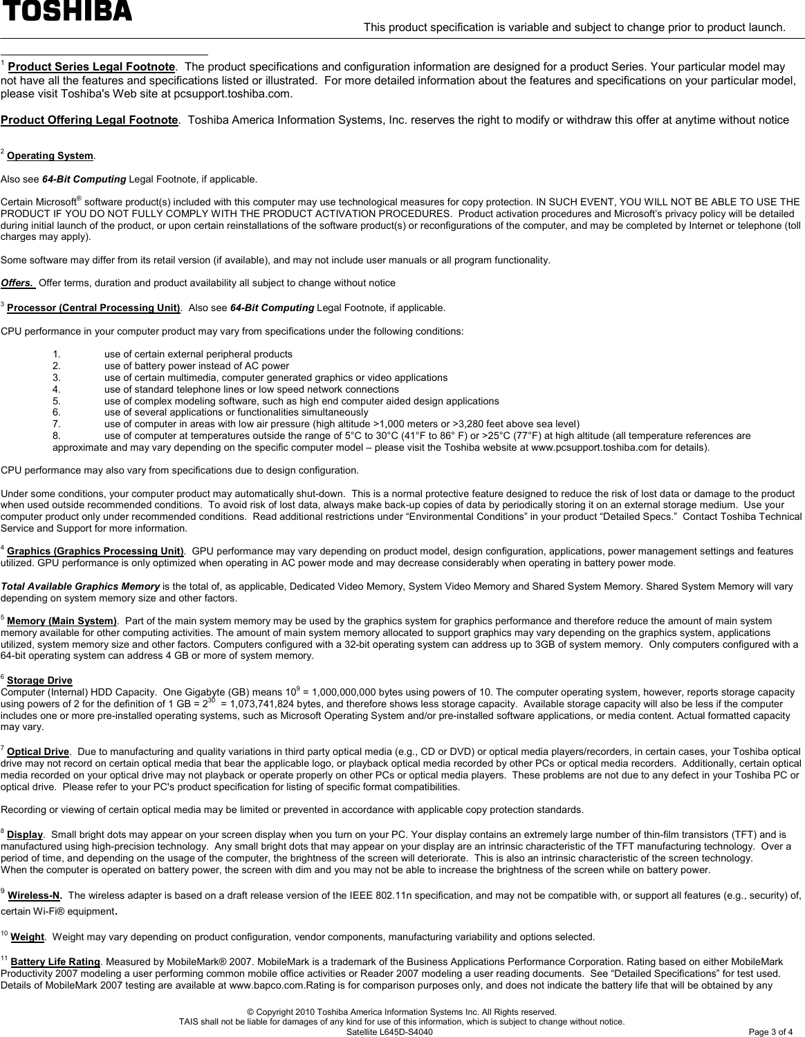 Page 3 of 4 - Toshiba Toshiba-Laptop-L645D-Specifications Satellite L645D-S4040 SPEC