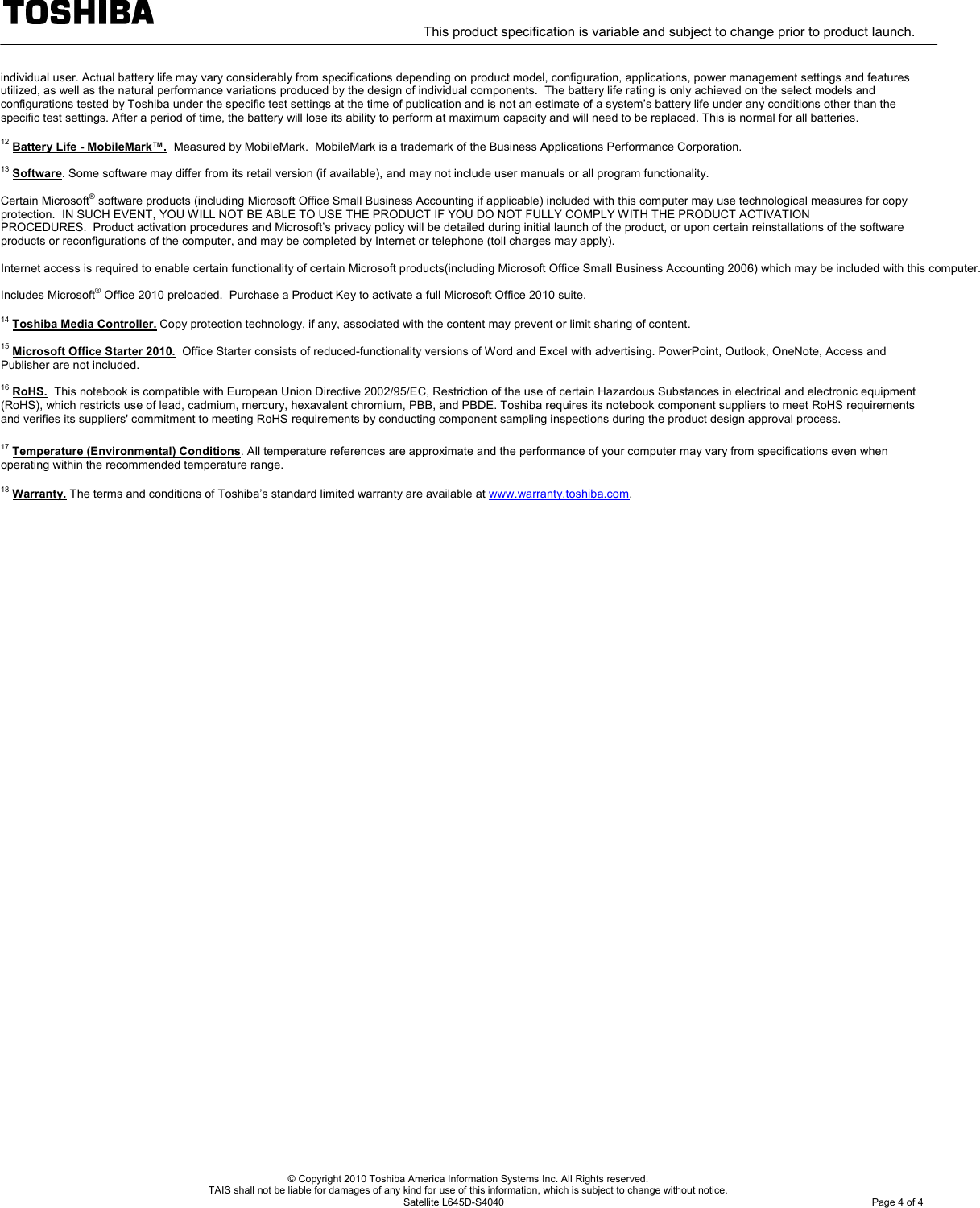 Page 4 of 4 - Toshiba Toshiba-Laptop-L645D-Specifications Satellite L645D-S4040 SPEC