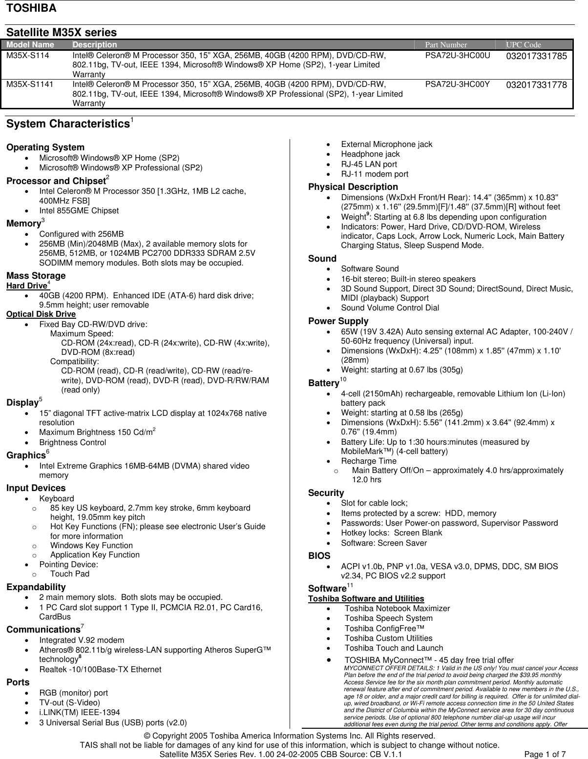 Page 1 of 7 - Toshiba Toshiba-M35X-S114-Specification-Sheet EAL 12 Green Spec Rev1.00