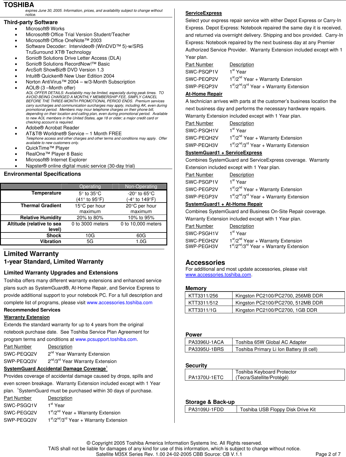 Page 2 of 7 - Toshiba Toshiba-M35X-S114-Specification-Sheet EAL 12 Green Spec Rev1.00