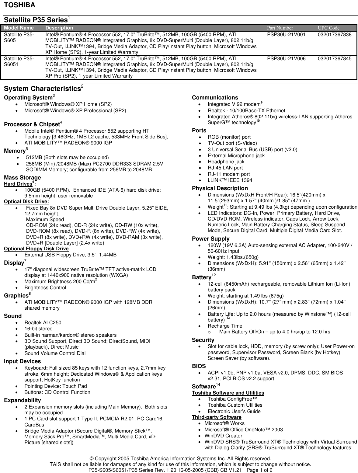Page 1 of 12 - Toshiba Toshiba-P35-S605-Specification-Sheet LongBeach21GreenSpecV1.2